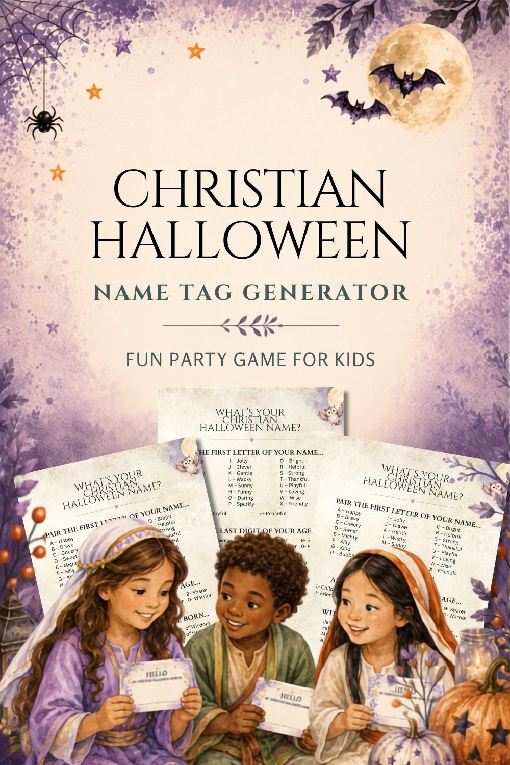 Promotional graphic for a 'Christian Halloween Name Tag Generator' featuring illustrated children holding name tags, surrounded by fall decorations like pumpkins, bats, a spider, and a full moon. Text reads 'CHRISTIAN HALLOWEEN NAME TAG GENERATOR' and 'FUN PARTY GAME FOR KIDS'.