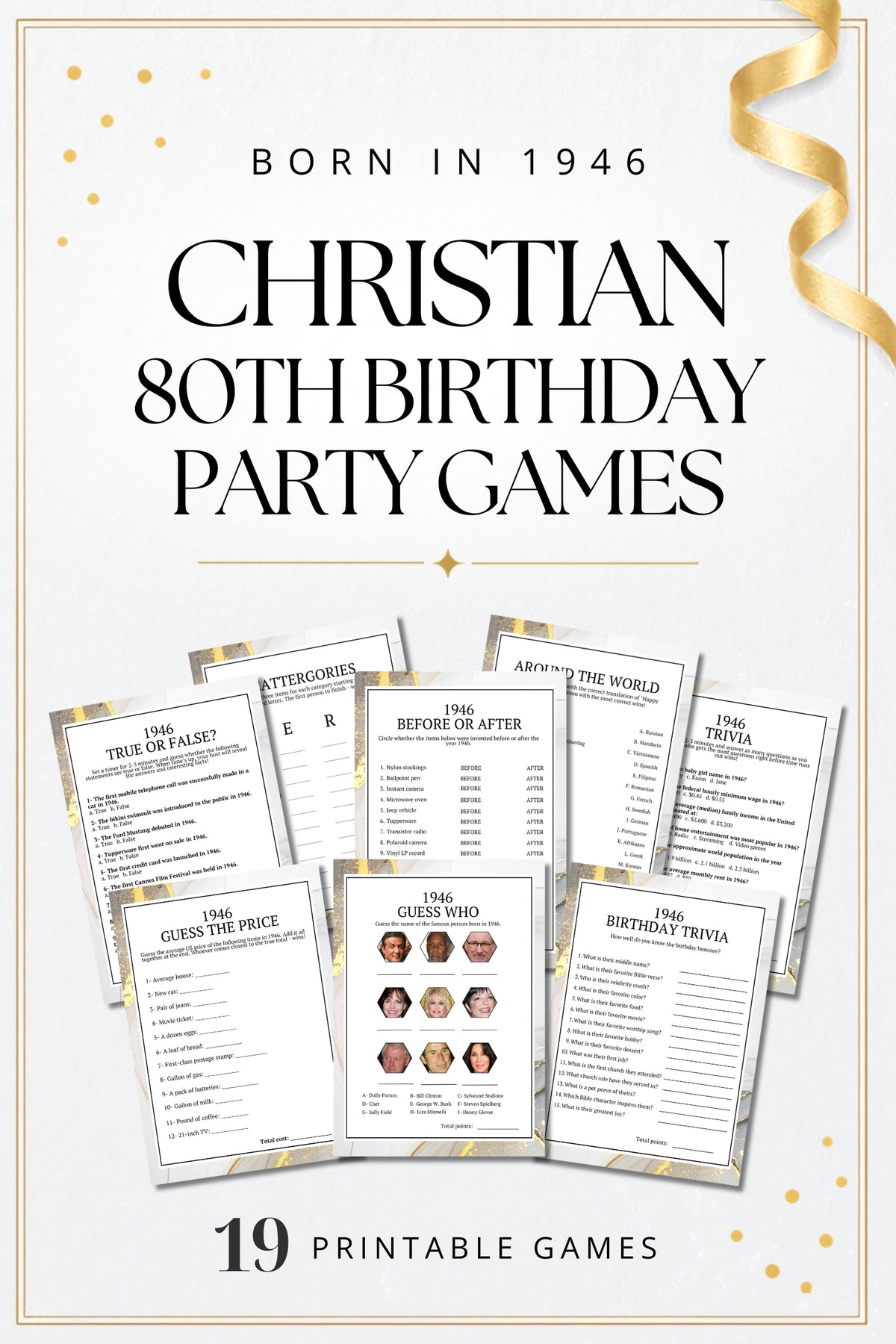 Promotional graphic for printable Christian 80th birthday party games, with large black text reading 'BORN IN 1946 CHRISTIAN 80TH BIRTHDAY PARTY GAMES,' a gold ribbon, gold confetti, and several sample game sheets shown on a light background.