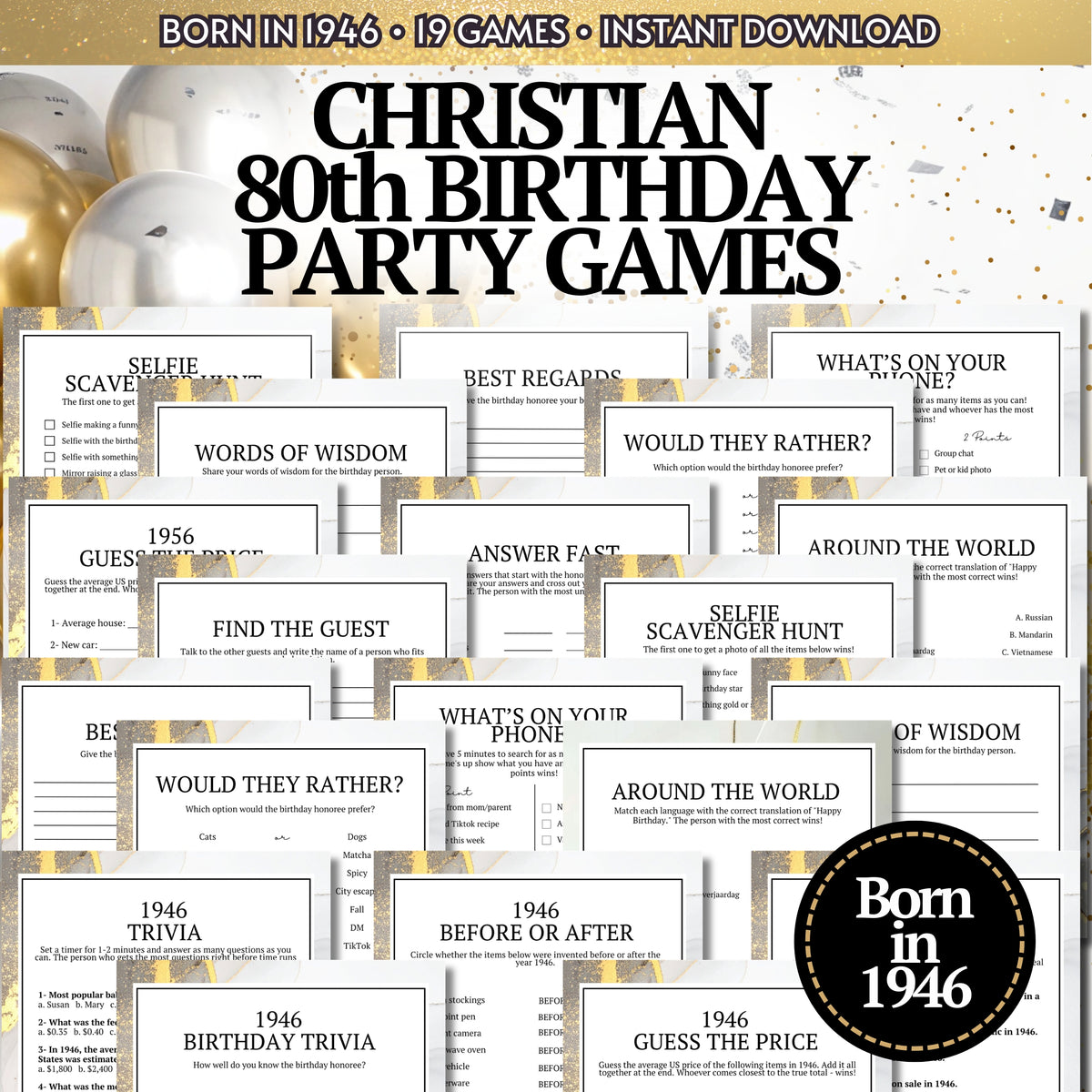 A digital product preview collage for 'Christian 80th Birthday Party Games' featuring multiple printable game and trivia cards arranged in a layered stack, with a black circular badge reading 'Born in 1946' and a top banner noting 'Born in 1946 • 19 Games • Instant Download'.