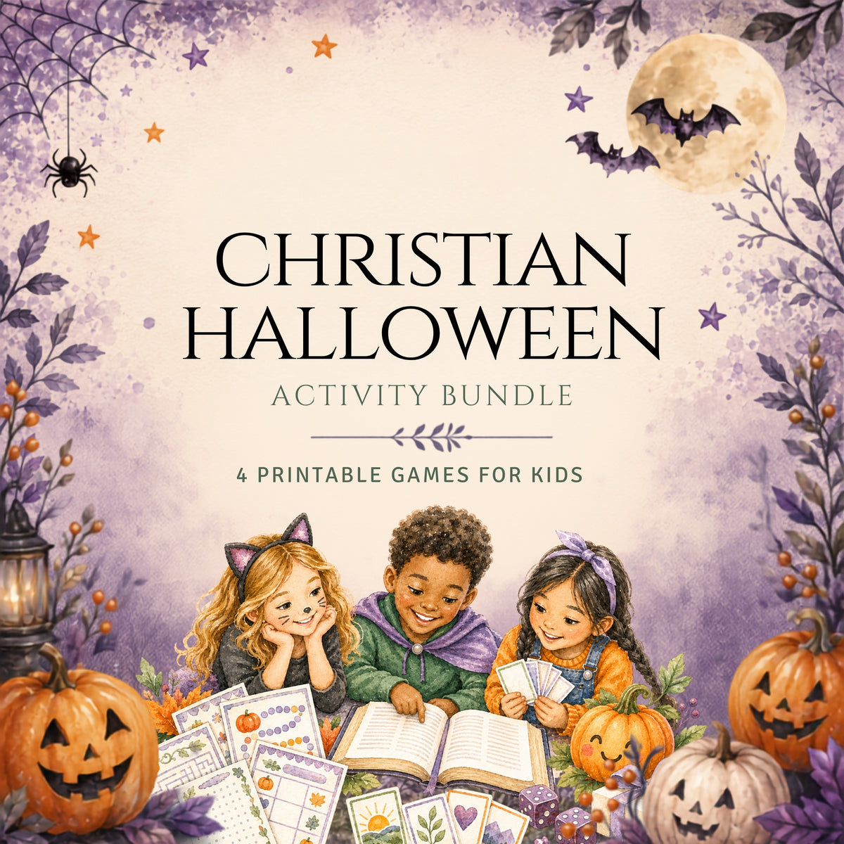 Promotional cover art for a 'Christian Halloween Activity Bundle' featuring 4 printable games for kids. The illustration depicts three children reading and playing games among pumpkins, a full moon with bats, and spiderwebs, all in a soft purple and cream color palette.