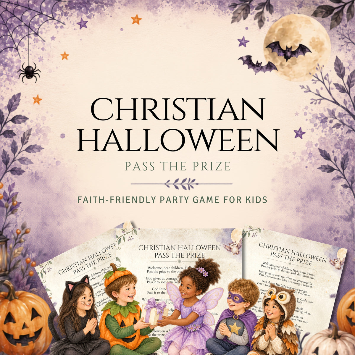 Promotional graphic for a Christian Halloween party game titled 'Christian Halloween Pass the Prize.' The design features a soft lavender and cream background with illustrated bats, stars, pumpkins, and children in costume holding game cards.
