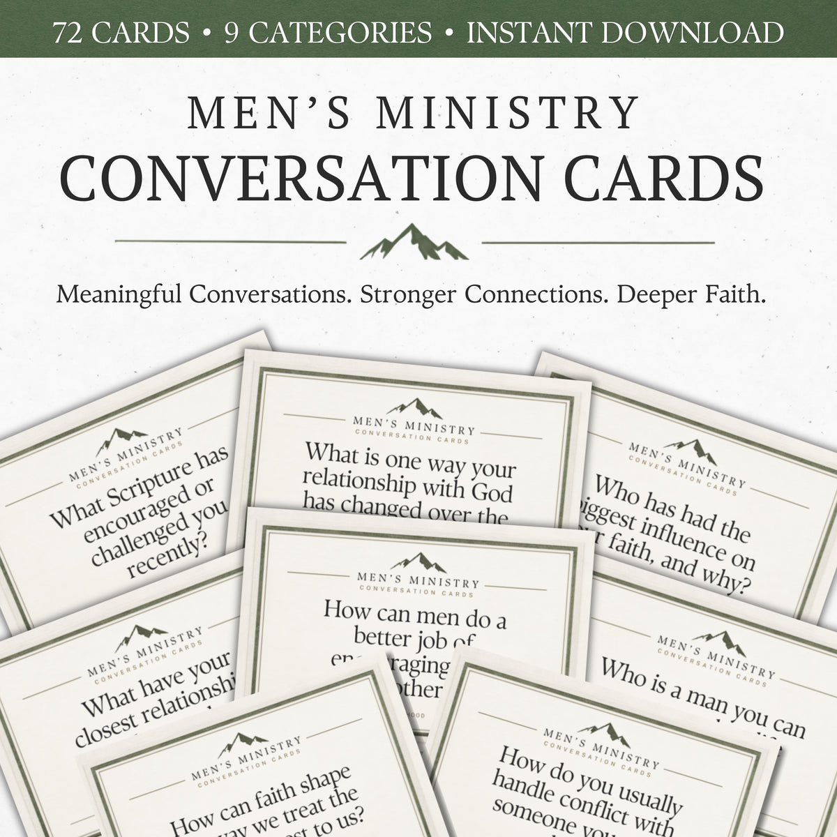 Men's Ministry Conversation Cards set displayed as multiple sample cards fanned out on a white background, with a dark green banner at the top reading '72 Cards • 9 Categories • Instant Download'.