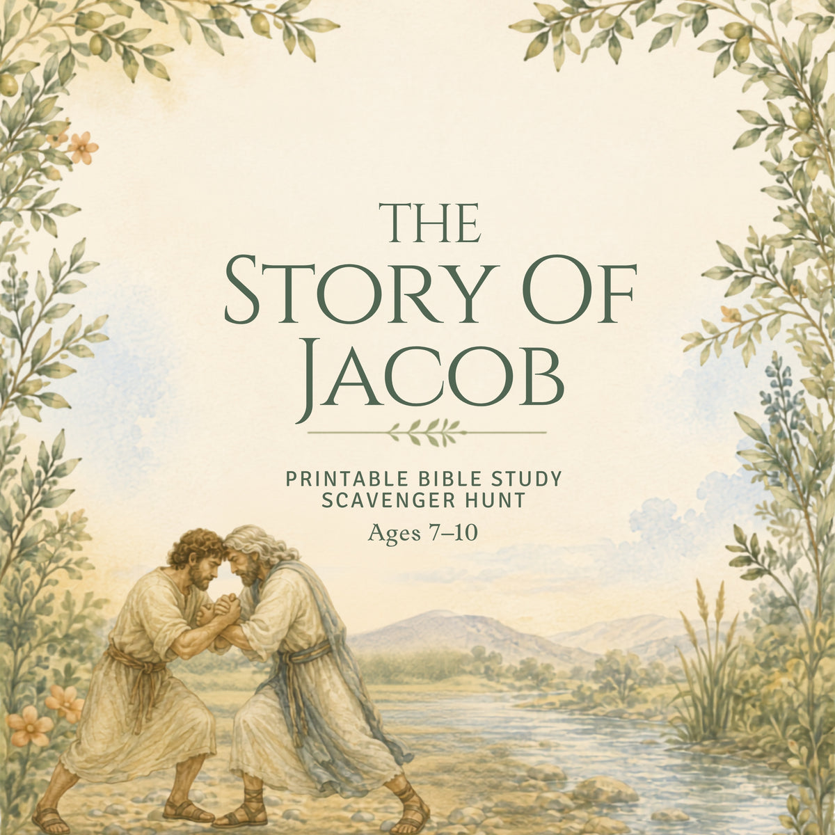 Printable Bible study and scavenger hunt cover for 'The Story of Jacob' designed for ages 7-10. The cover features a vintage-style illustration of Jacob and his father Esau by a river, framed by a leafy border on a cream-colored background with green title text.