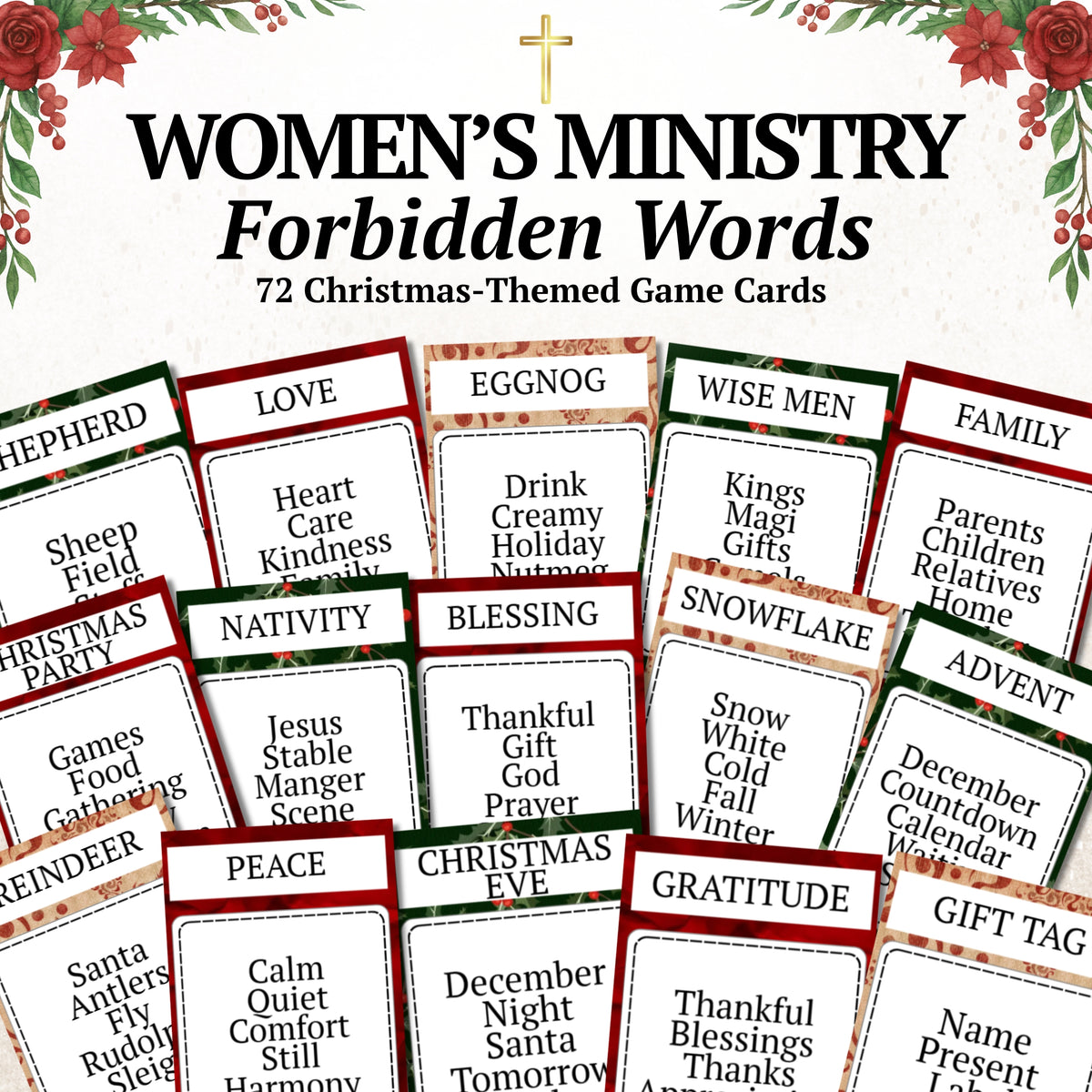 A set of Christmas-themed game cards for women's ministry, featuring 72 cards with holiday-themed forbidden words and phrases. The cards are arranged in a fan-like layout against a white background with a red and green floral border at the top.