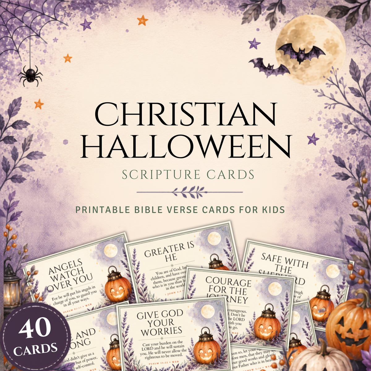 Promotional graphic for a printable Christian Halloween scripture card set for kids, showing decorative purple autumn illustrations, a large moon, bats, spider, pumpkins, and several sample card designs with Bible verse text.