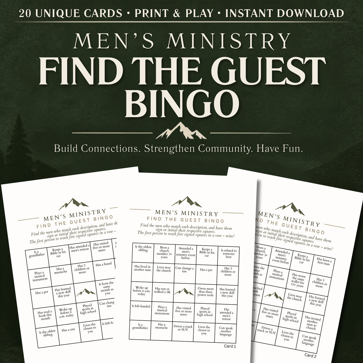 Men's Ministry Find the Guest BINGO (20 Cards)