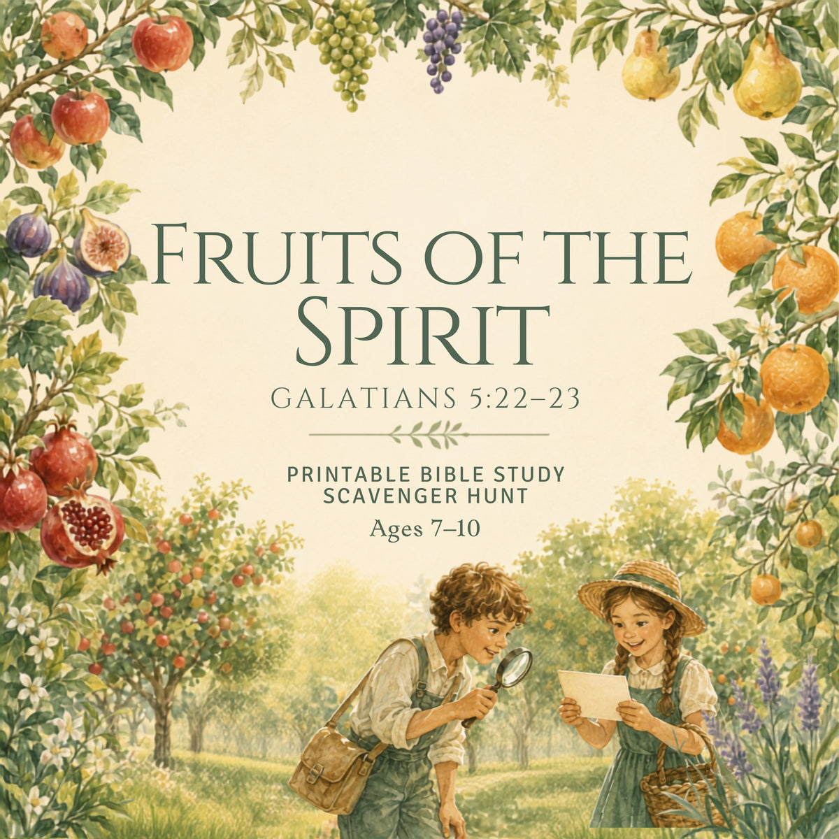 A decorative cover-style graphic for a printable Bible study scavenger hunt titled "Fruits of the Spirit" with Galatians 5:22–23. The design shows an illustrated orchard border with apples, pears, grapes, oranges, and other fruits, plus two children in a field reading and searching with magnifying glasses.