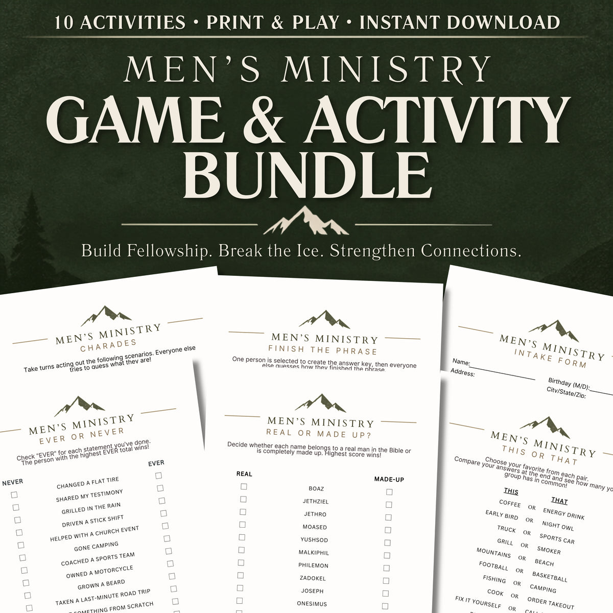 Promotional graphic for a 'Men's Ministry Game & Activity Bundle' featuring three printable game sheets displayed on a dark green chalkboard-style background. The text at the top reads '10 ACTIVITIES • PRINT & PLAY • INSTANT DOWNLOAD'.
