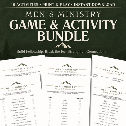 Promotional graphic for a 'Men's Ministry Game & Activity Bundle' featuring three printable game sheets displayed on a dark green chalkboard-style background. The text at the top reads '10 ACTIVITIES • PRINT & PLAY • INSTANT DOWNLOAD'.