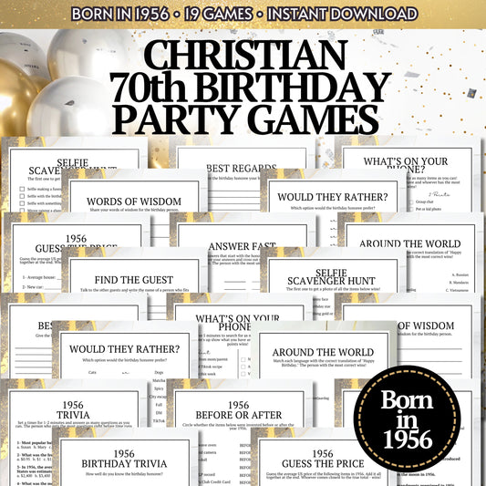 A promotional collage for a Christian 70th birthday party game set, showing multiple printed game cards and worksheets layered over a festive background with gold balloons, confetti, and a black circular badge reading 'Born in 1956'. Large headline text at the top says 'CHRISTIAN 70TH BIRTHDAY PARTY GAMES' and smaller text notes 'BORN IN 1956 • 19 GAMES • INSTANT DOWNLOAD'.
