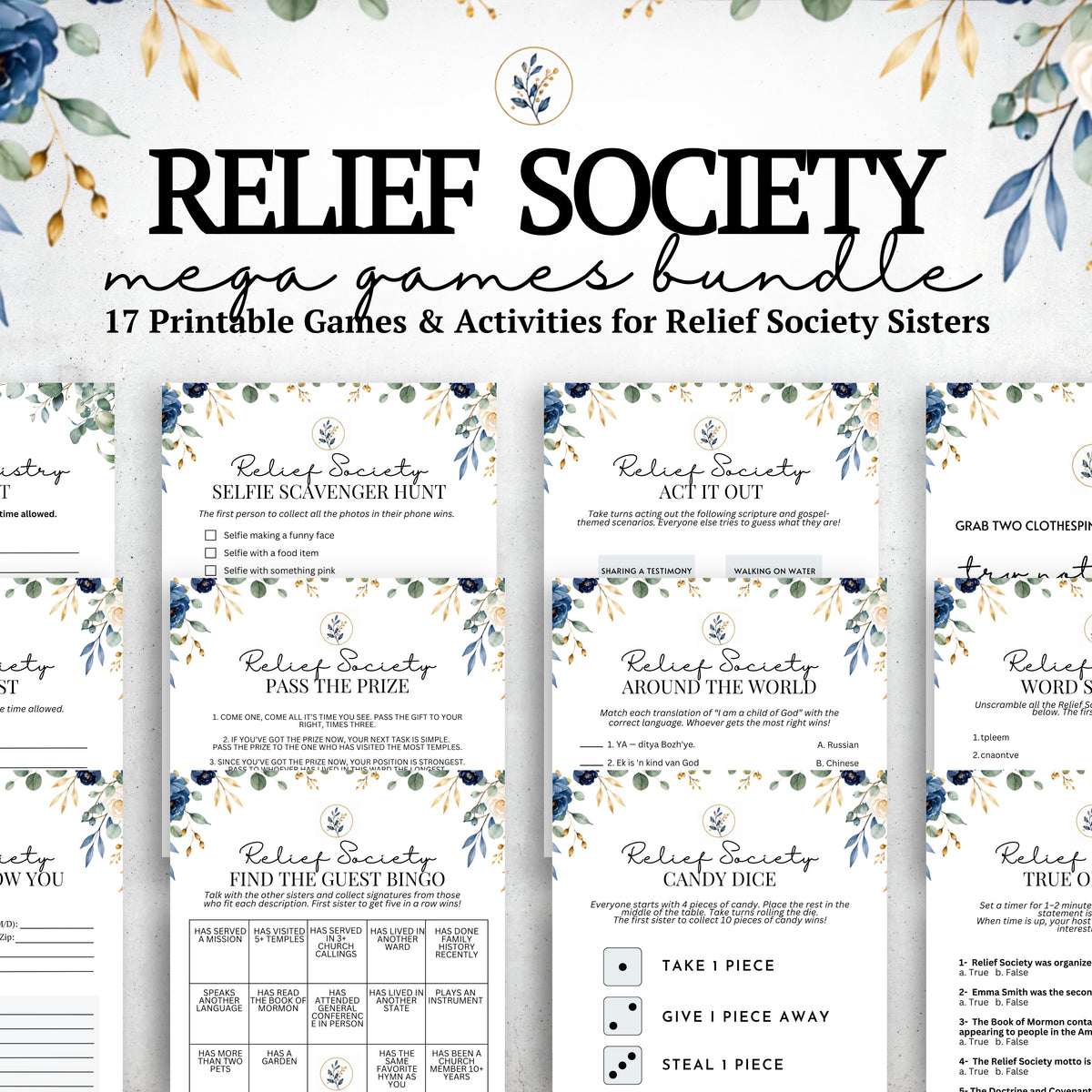 Relief Society mega games bundle printable game sheets with floral watercolor borders and black text, shown as a collage on a white background with decorative leaf graphics.