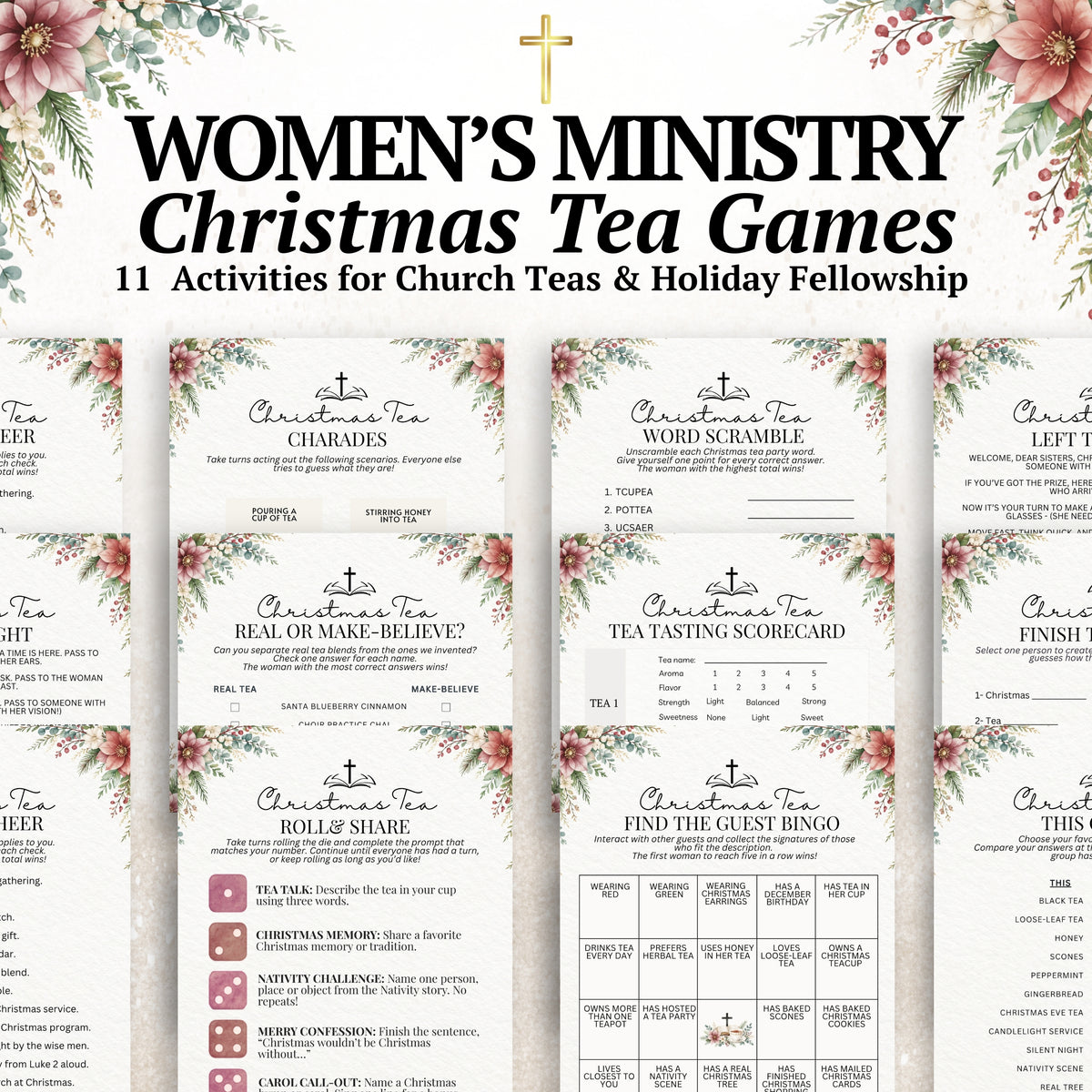11 printable Women’s Ministry Christmas tea party games created for Christian women’s gatherings, including tea games, icebreakers, conversation games and more.