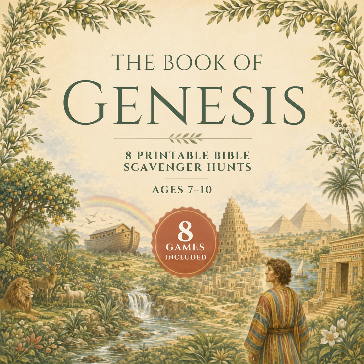 The Book of Genesis printable Bible scavenger hunts cover featuring an illustrated ancient Near East scene with pyramids, a rainbow, a river, and a robed figure in the foreground. Large title text reads 'THE BOOK OF GENESIS,' with smaller text '8 PRINTABLE BIBLE SCAVENGER HUNTS' and 'AGES 7-10.