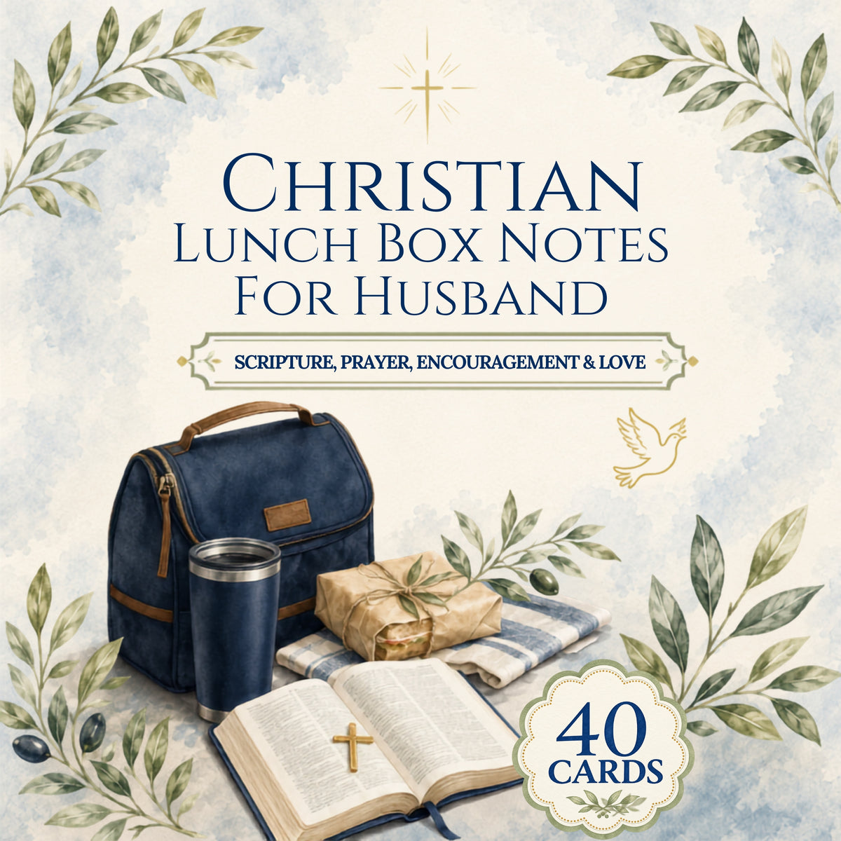 A square product graphic for 'Christian Lunch Box Notes For Husband' featuring a navy blue lunch bag, a navy tumbler, an open Bible, a wrapped gift, and a folded cloth on a watercolor-style cream background with leafy borders and a '40 Cards' badge.