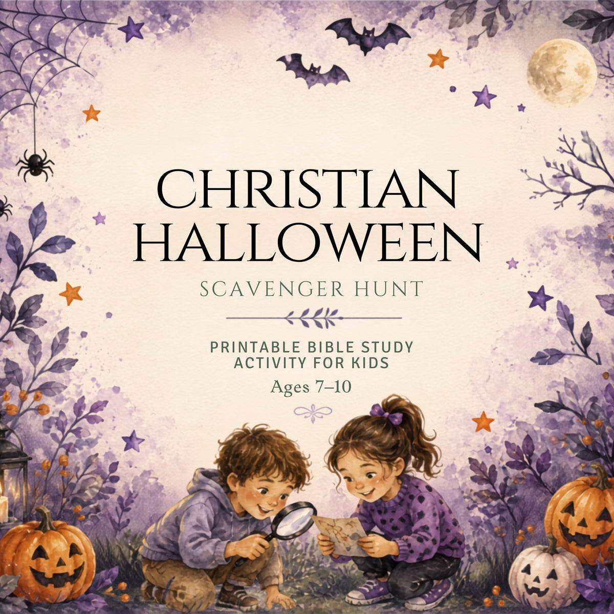 Halloween-themed printable activity cover titled 'Christian Halloween Scavenger Hunt' with decorative illustrations of children, pumpkins, bats, stars, and a moon on a soft cream background.