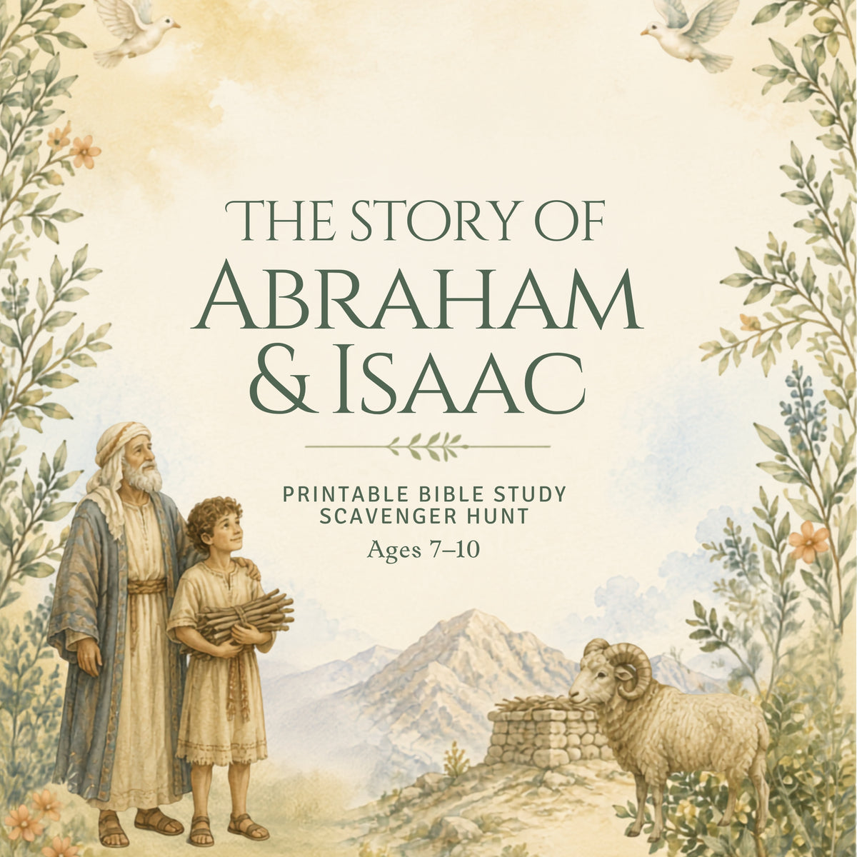 A vintage-style illustrated cover for a printable Bible study scavenger hunt titled 'The Story of Abraham & Isaac,' with two people standing in a landscape, a ram, mountains, birds, and floral borders on a cream background.