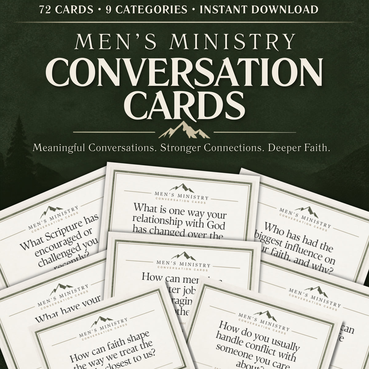 Men's Ministry Conversation Cards set displayed on a dark green background, with several sample cards fanned out in front. The top text reads '72 Cards • 9 Categories • Instant Download' and the title 'Men's Ministry Conversation Cards' is prominently shown.
