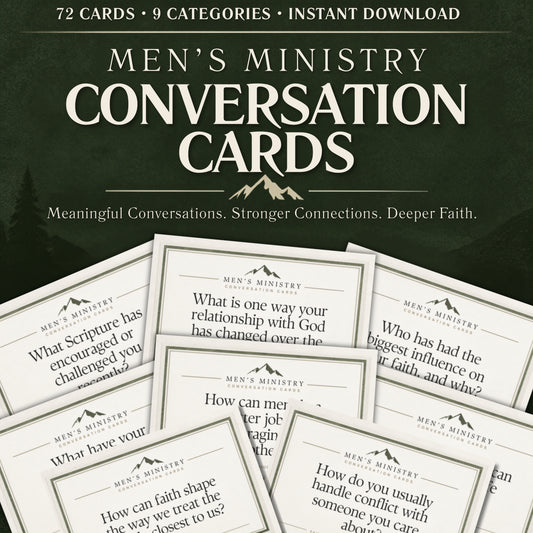 Men's Ministry Conversation Cards set displayed on a dark green background, with several sample cards fanned out in front. The top text reads '72 Cards • 9 Categories • Instant Download' and the title 'Men's Ministry Conversation Cards' is prominently shown.