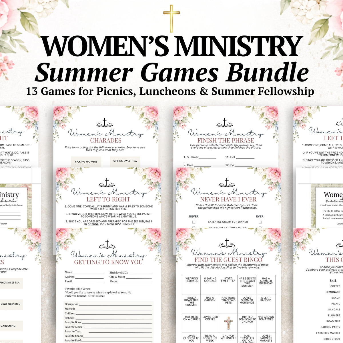 Promotional graphic for a Women's Ministry Summer Games Bundle, showing multiple printed game cards and activity sheets with floral watercolor borders and a gold cross. Large text at the top reads 'WOMEN'S MINISTRY Summer Games Bundle' and '13 Games for Picnics, Luncheons & Summer Fellowship.