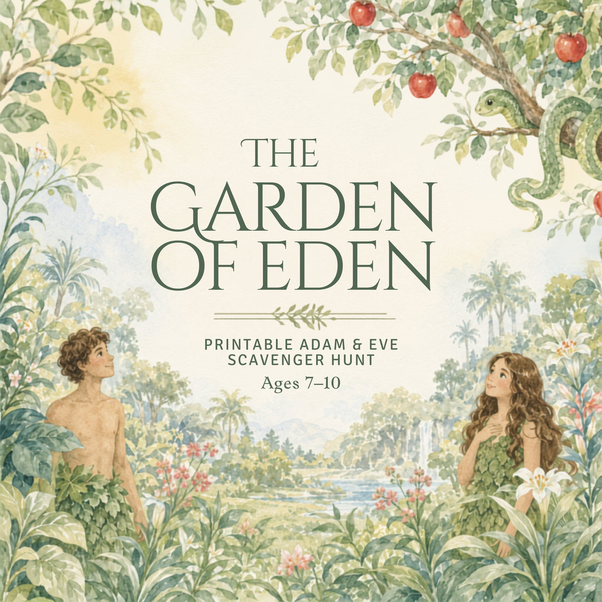 Illustrated cover art for a printable scavenger hunt titled 'The Garden of Eden,' showing an Edenic landscape with two figures, lush foliage, a snake, and red apples, plus centered text reading 'Printable Adam & Eve Scavenger Hunt Ages 7-10.'.