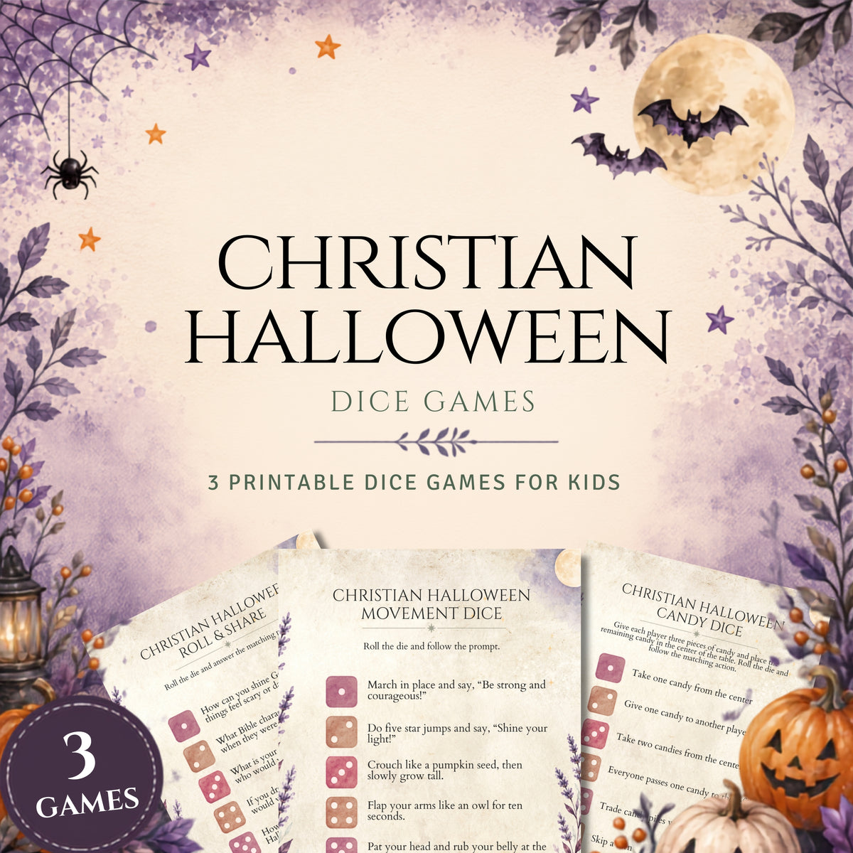 Promotional graphic for a printable Christian Halloween dice game set, showing the title 'CHRISTIAN HALLOWEEN DICE GAMES' with three sample game cards fanned out below, plus decorative Halloween imagery including bats, pumpkins, spiderwebs, and purple foliage on a cream background.