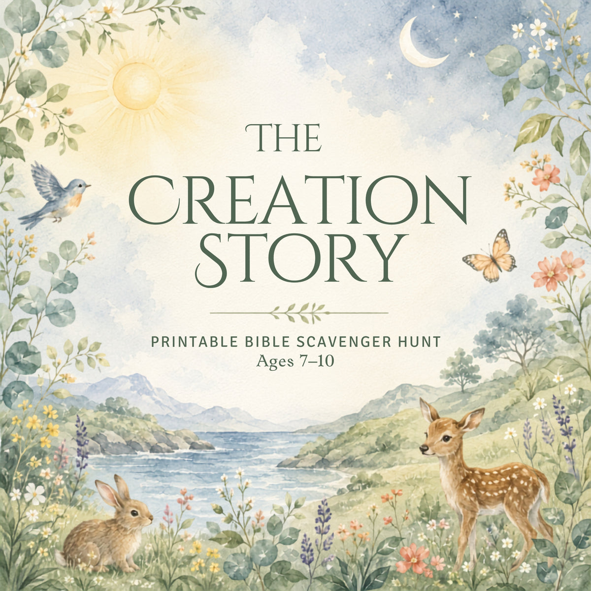 The Creation Story printable Bible scavenger hunt cover art, featuring a watercolor landscape with a river, deer, rabbit, bird, butterfly, sun, moon, and floral border. Text reads 'THE CREATION STORY' and 'PRINTABLE BIBLE SCAVENGER HUNT Ages 7-10'.