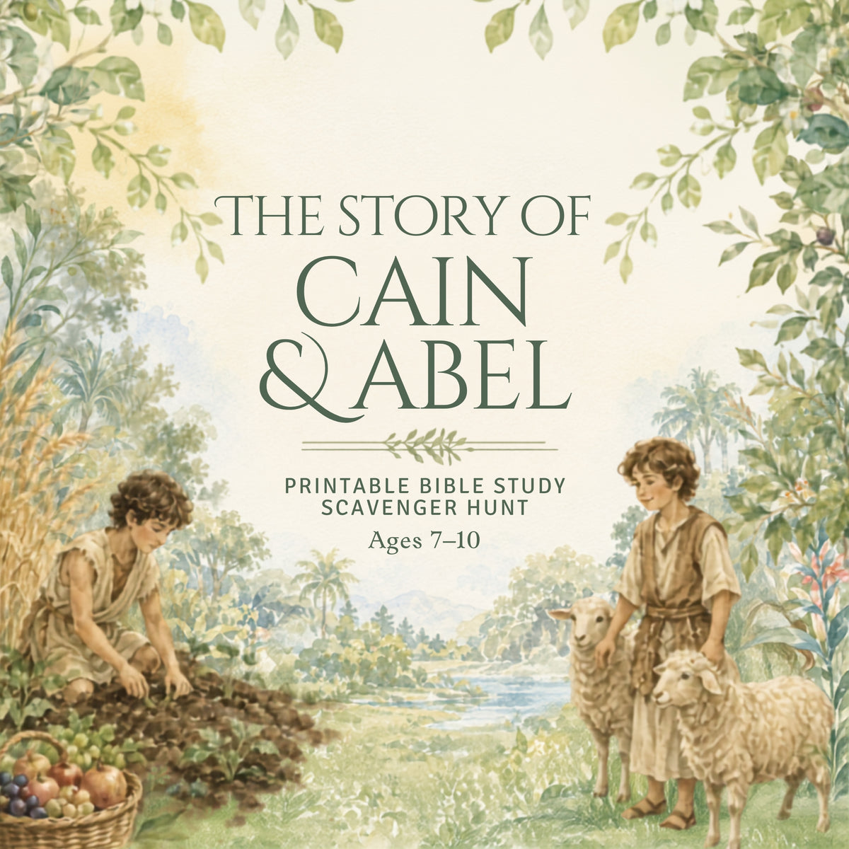 The Story of Cain & Abel printable Bible study scavenger hunt cover, featuring an illustrated scene of Cain harvesting and Abel standing with sheep, framed by leafy branches with the title in large green text.