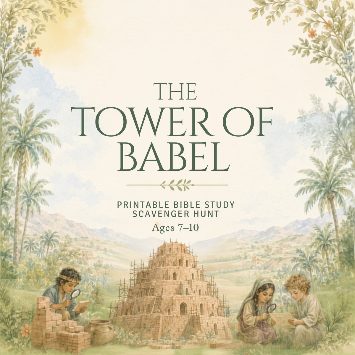 Illustrated cover for 'The Tower of Babel' printable Bible study scavenger hunt, showing a large sand-and-stone tower in a pastoral landscape with children examining bricks and artifacts. Text reads 'THE TOWER OF BABEL' and 'PRINTABLE BIBLE STUDY SCAVENGER HUNT Ages 7-10'.
