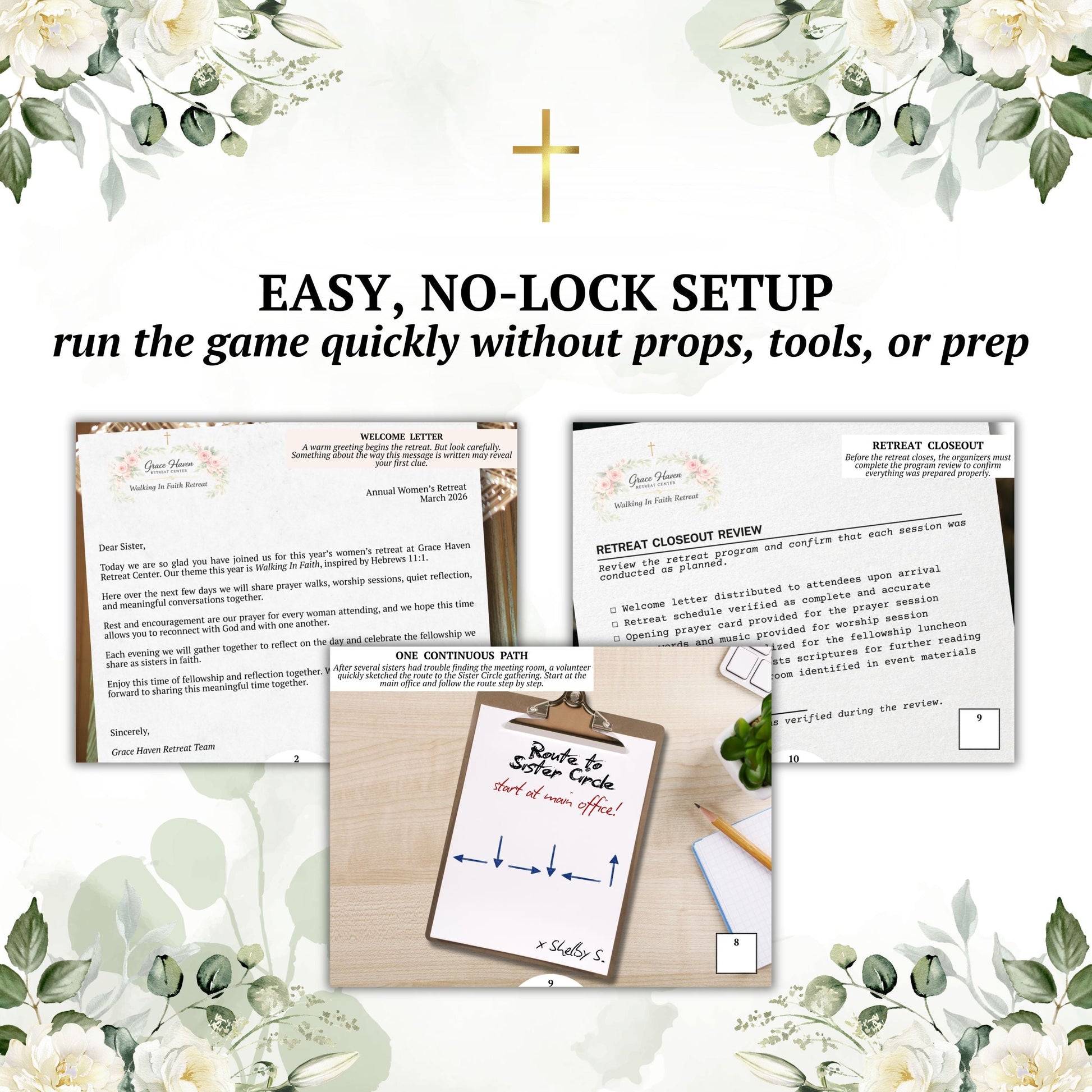 Game setup materials with text 'Easy, No-Lock Setup' on a decorative background with flowers.