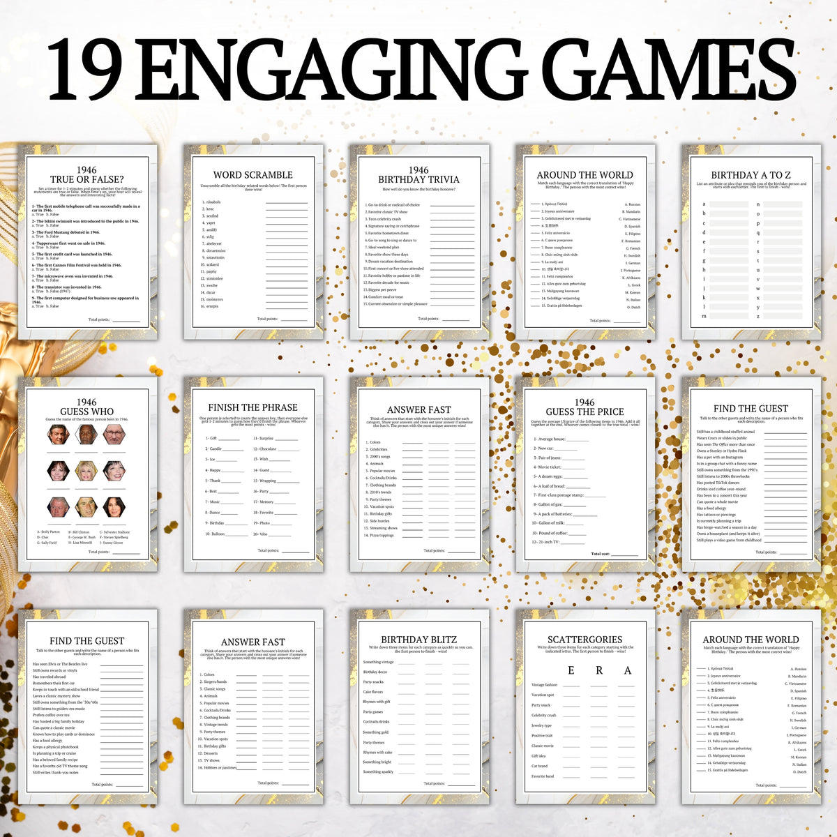 Collection of 19 engaging games on a decorative background with gold confetti.