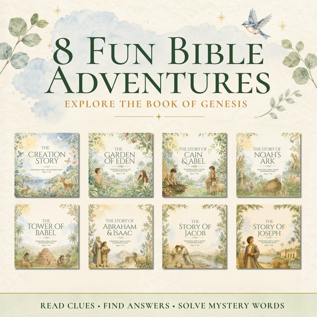 Promotional graphic for a children's Bible activity set titled '8 Fun Bible Adventures: Explore the Book of Genesis.' The design shows a soft cream background with watercolor-style blue-green clouds, decorative leaves, a bird, and a series of eight illustrated book covers arranged in two rows.