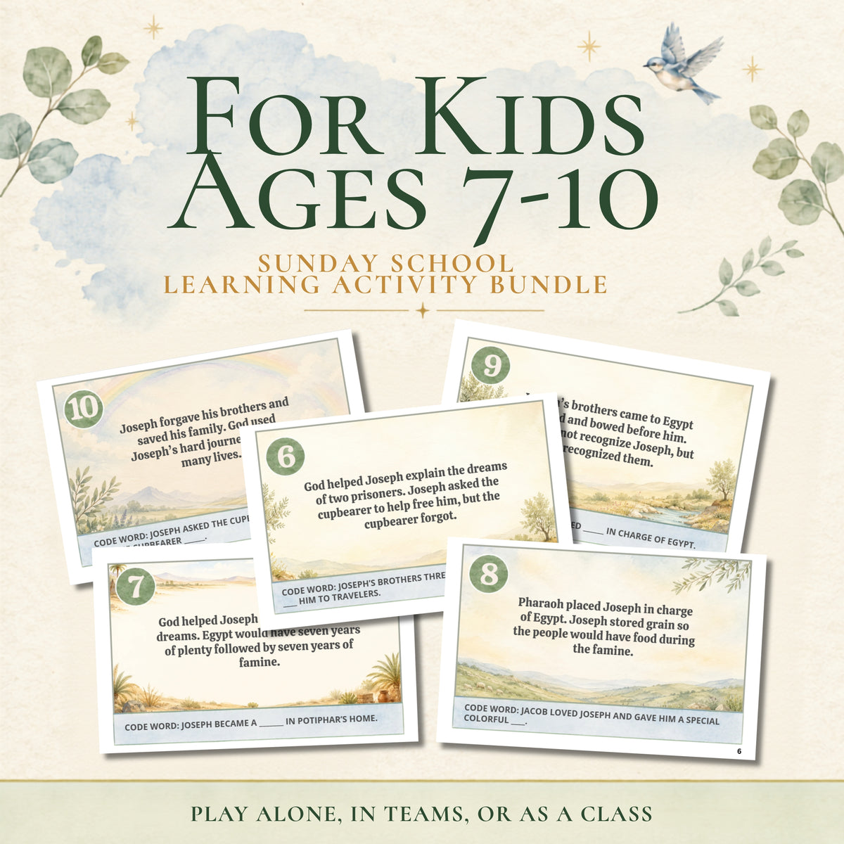 Promotional graphic for a Sunday School Learning Activity Bundle for kids ages 7-10, showing several printed activity cards arranged on a light cream background with watercolor leaves and the title text at the top.