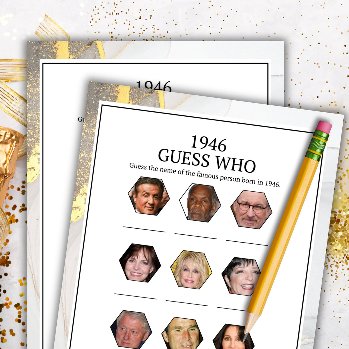 A printed 1946 'Guess Who' trivia worksheet with hexagonal portraits of famous people, shown with a yellow pencil on a white background with gold glitter accents.