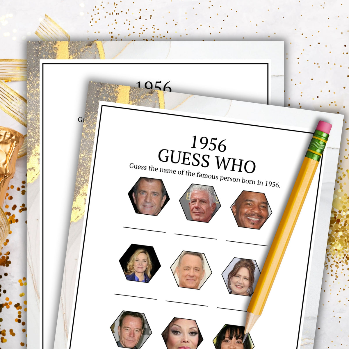Promotional graphic for a women's ministry 70th birthday party game set, featuring the text 'Born in 1956 Women's Ministry 70th Birthday Party Games' and several sample printable game cards on a light textured background.
