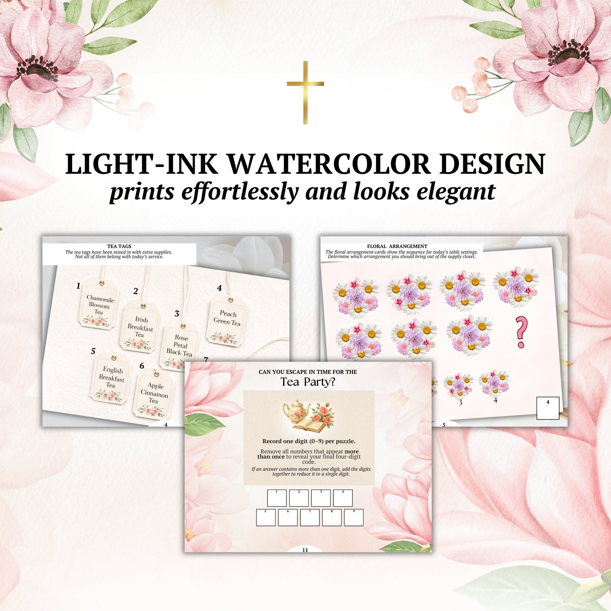 Light-ink watercolor design with educational cards on a floral background