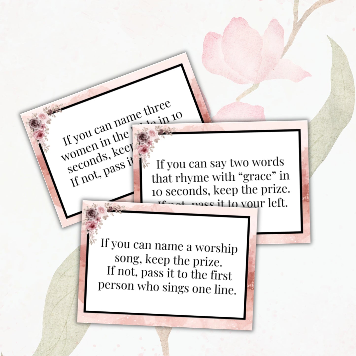 Three question cards with text on a floral background