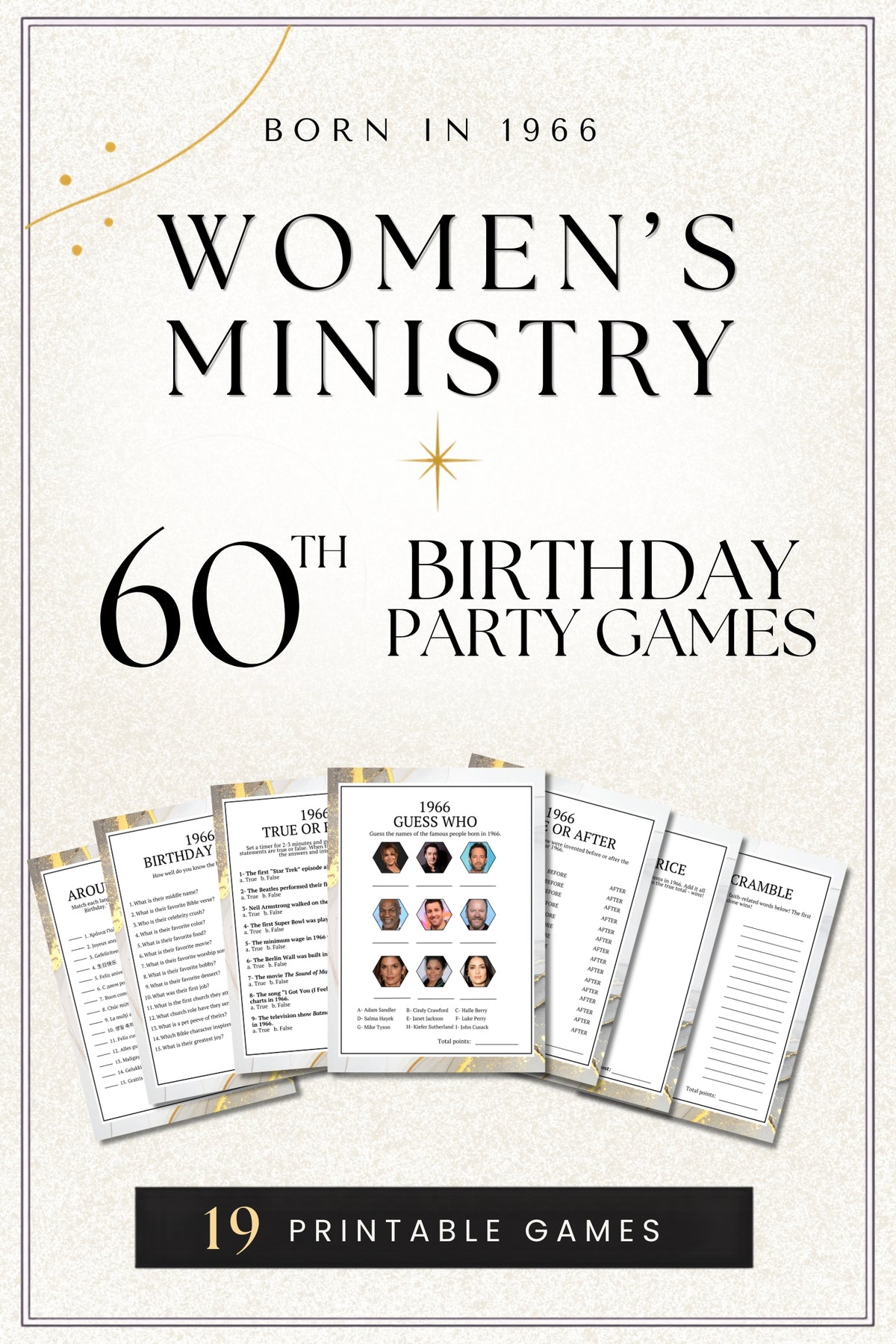 Promotional graphic for a printable party game set titled "Women's Ministry 60th Birthday Party Games," showing several sample game sheets and the text "19 Printable Games" on a light textured background.