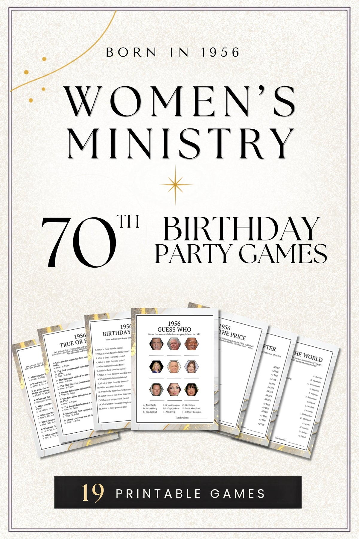 Promotional graphic for a women's ministry 70th birthday party game set, featuring the text 'Born in 1956 Women's Ministry 70th Birthday Party Games' and several sample printable game cards on a light textured background.