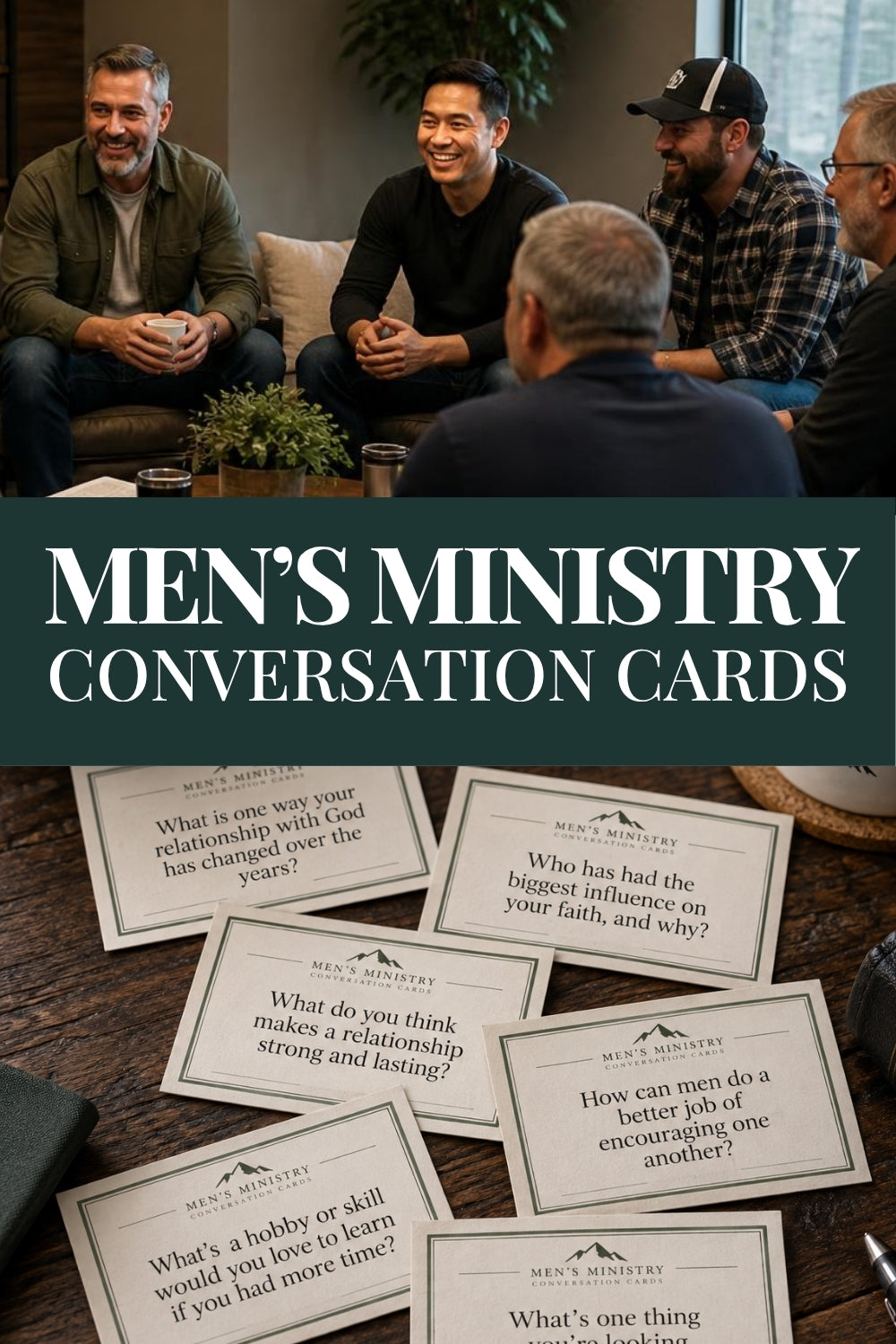 Men's Ministry Conversation Cards set displayed with several sample cards laid out on a table, with a group of men sitting and listening in the background. The image has a dark green banner across the middle with white text reading 'MEN'S MINISTRY CONVERSATION CARDS'.