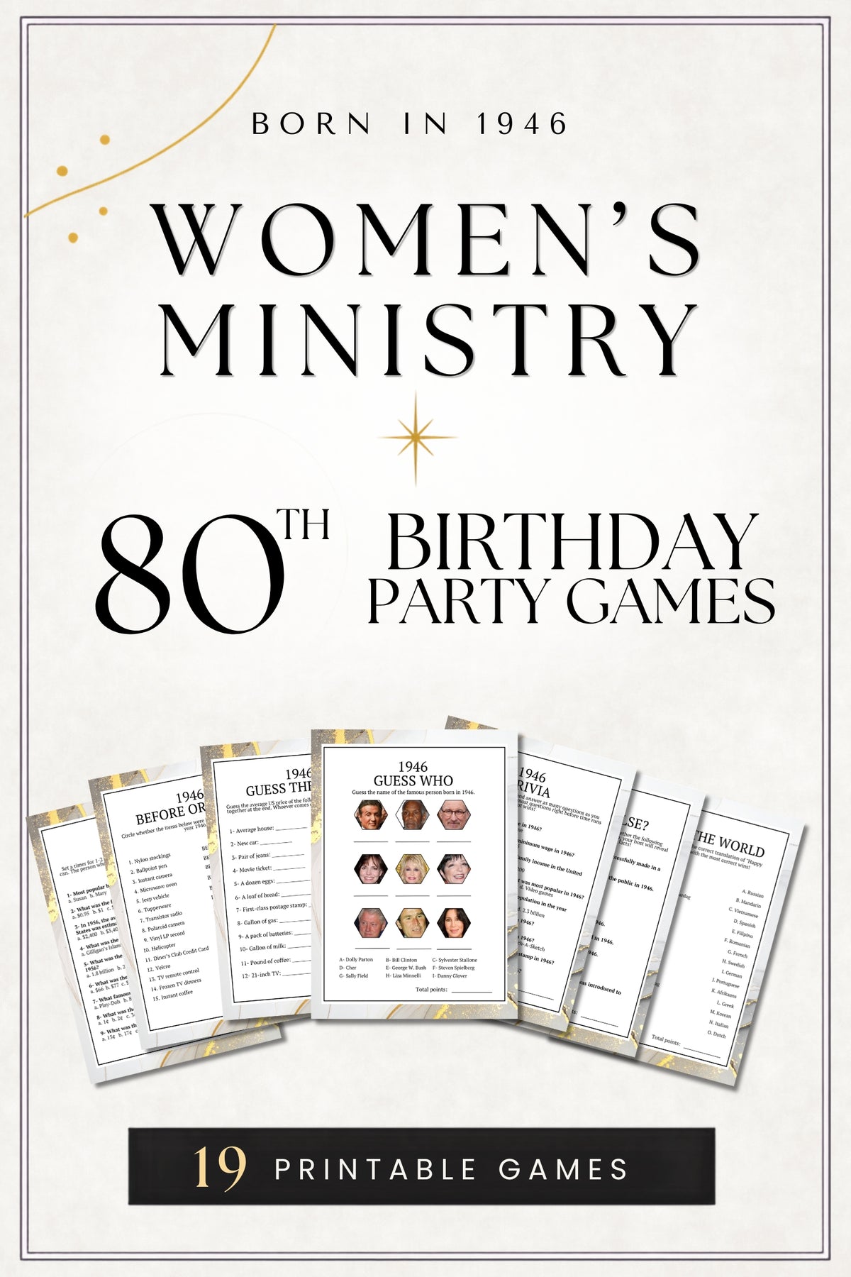 Promotional graphic for a women's ministry 80th birthday party game set, showing the title 'Women's Ministry 80th Birthday Party Games' and several sample printable game cards on an off-white background.