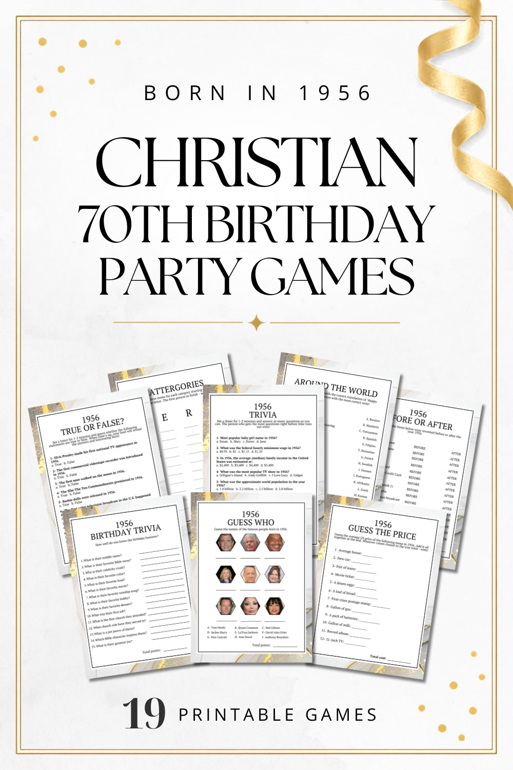 Promotional graphic for a women's ministry 70th birthday party game set, featuring the text 'Born in 1956 Women's Ministry 70th Birthday Party Games' and several sample printable game cards on a light textured background.