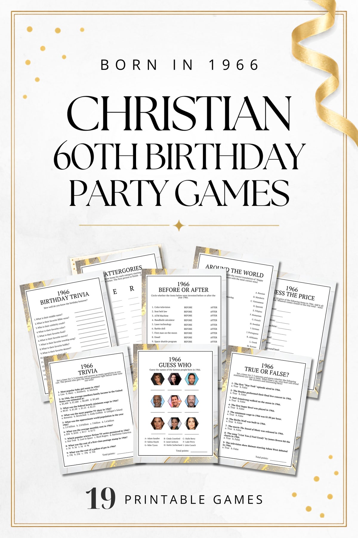 Promotional graphic for a printable party game set titled 'Christian 60th Birthday Party Games' with the subtitle 'Born in 1966' and '19 Printable Games.' The design shows several sample game sheets arranged on a light background with gold confetti, a gold ribbon, and decorative text.
