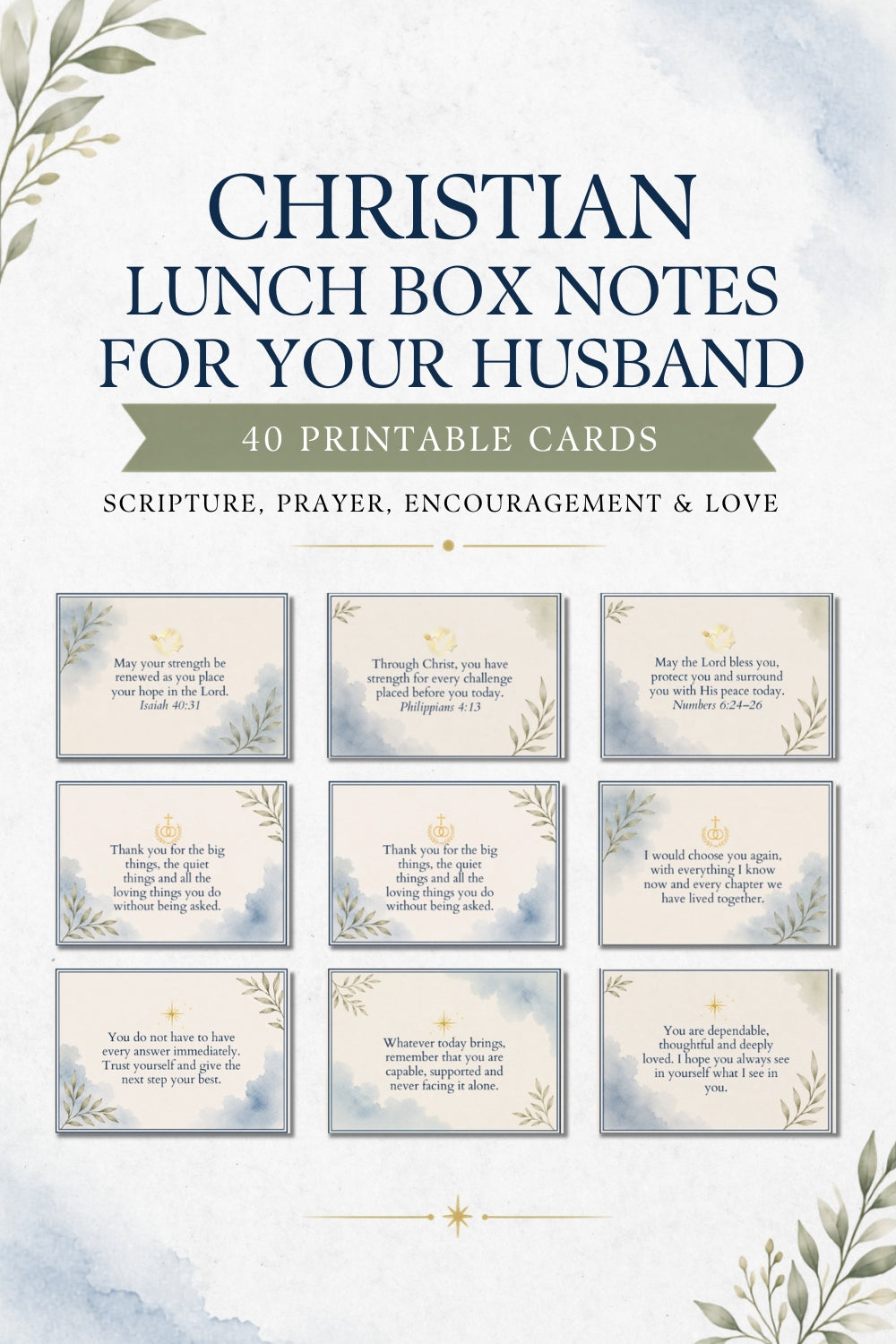 Printable Christian lunch box notes for your husband featuring 40 printable cards with scripture, prayer, encouragement, and love messages, displayed on a watercolor background with decorative botanicals.