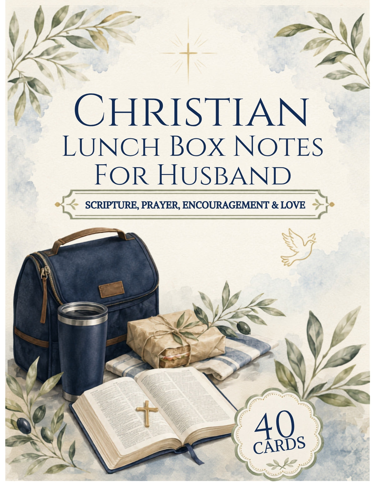Product cover for 'Christian Lunch Box Notes For Husband' featuring a navy blue lunch bag, tumbler, wrapped gift, open Bible with a cross, and a small card box on a watercolor-style cream background with leafy borders.