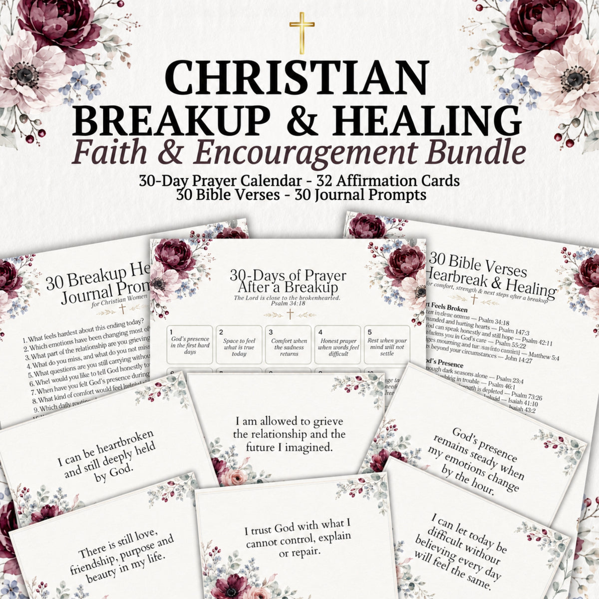 Christian breakup and healing faith & encouragement bundle printable set, featuring a floral design with a gold cross at the top and several sample prayer cards and affirmation cards fanned out below on a light background.