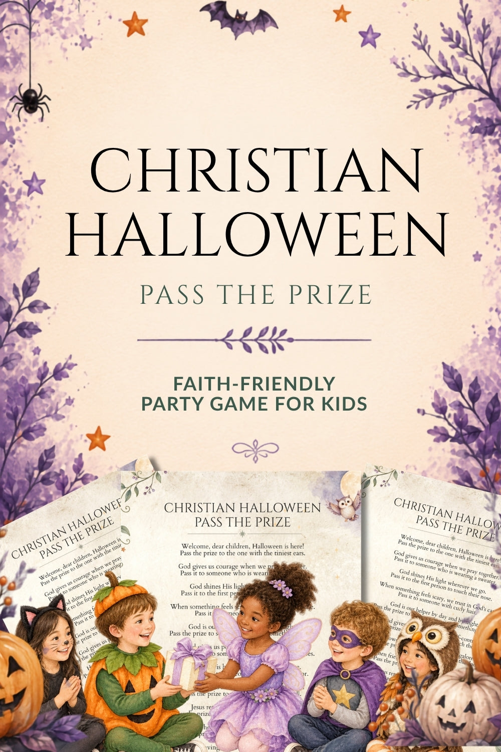 Front cover of a children's party game titled "Christian Halloween Pass the Prize," showing decorative Halloween illustrations, purple floral borders, and illustrated children in costume seated at a table with prize slips.
