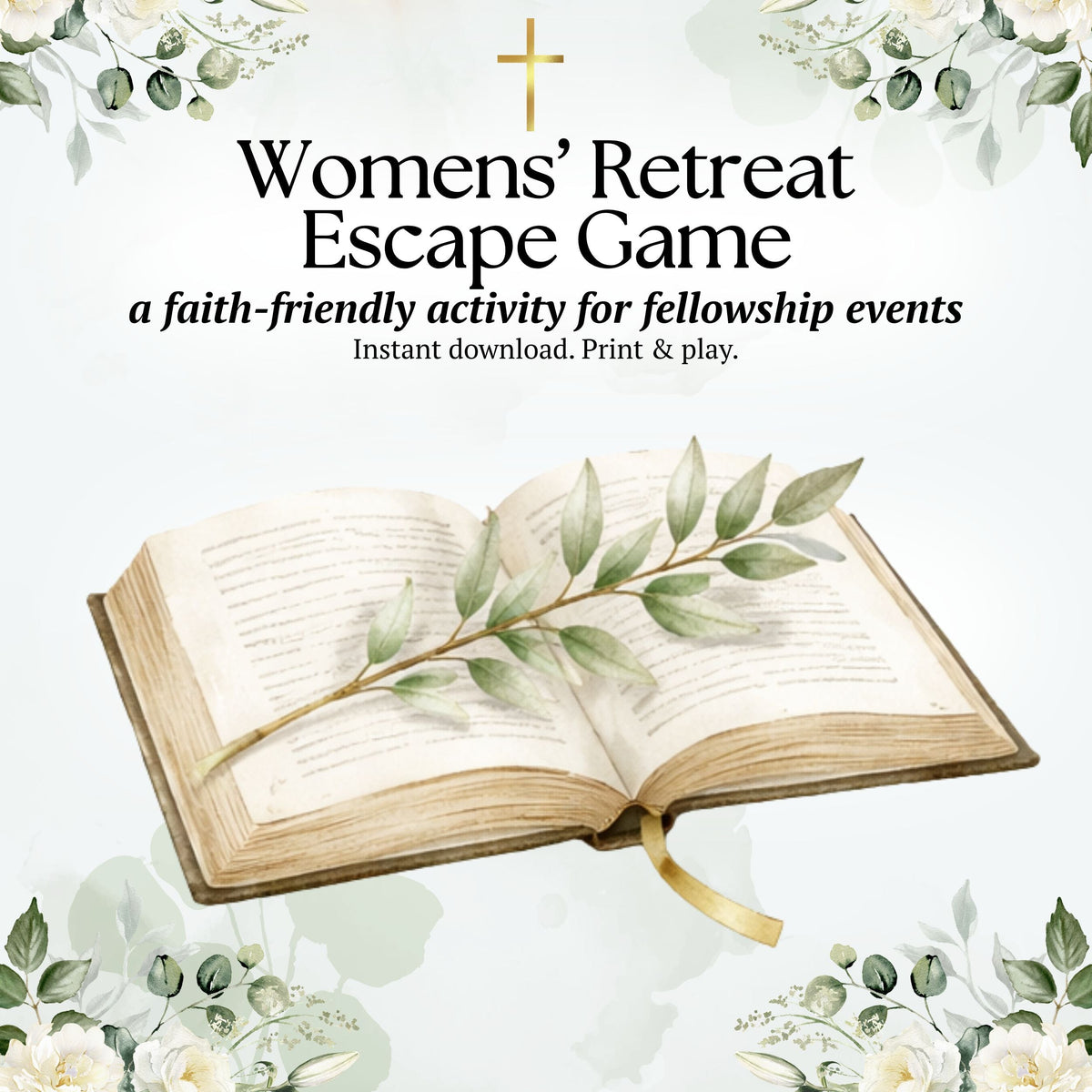 Open book with green leaves on a white background, promoting a faith-friendly women's retreat escape game.