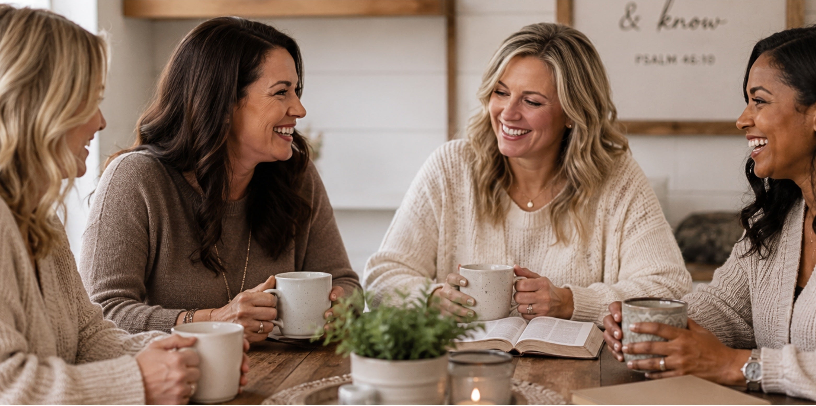 Four women sitting together in a cozy room, holding mugs and smiling.