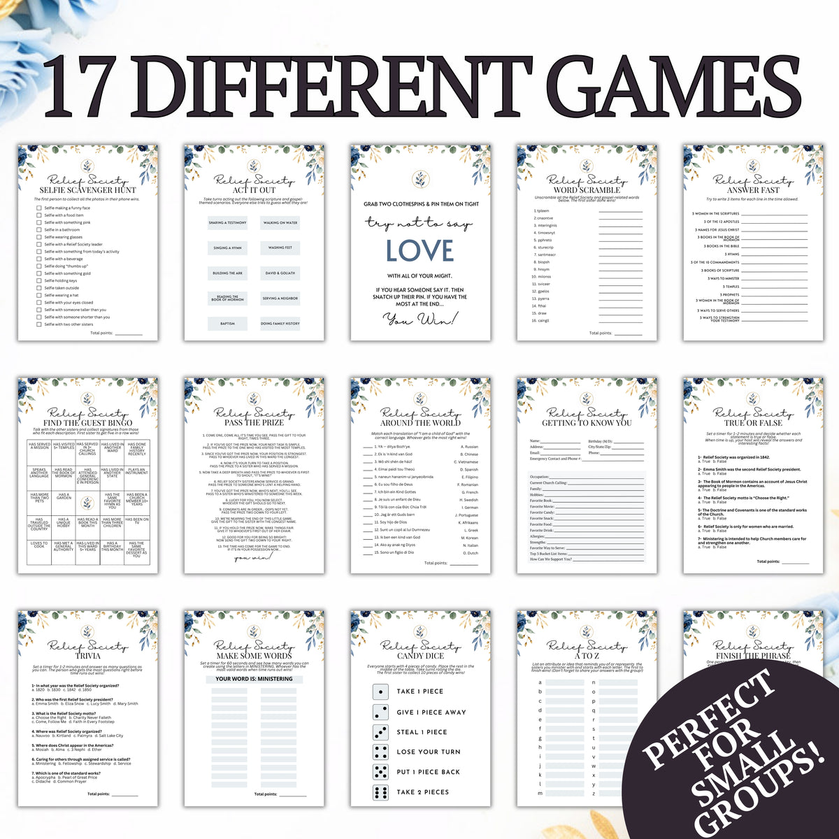 A collage showing multiple printed game sheets for a bridal shower game set, with large text reading '17 DIFFERENT GAMES' at the top and a dark circular badge at bottom right that says 'PERFECT FOR SMALL GROUPS!'. The sheets are mostly white with blue and gray text and floral accents, and the overall presentation is a clean digital product preview.