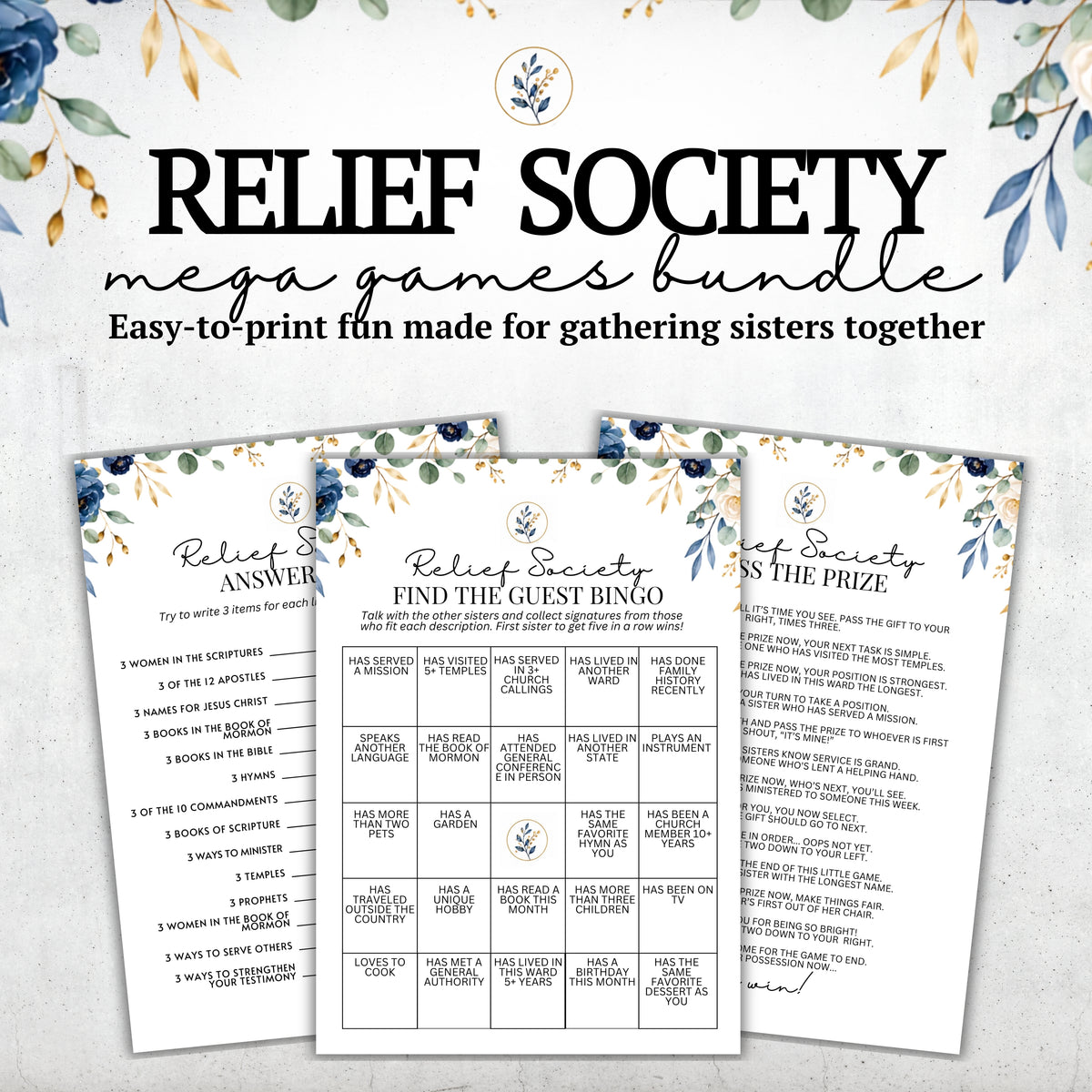 Relief Society mega games bundle printable set featuring three game sheets: Answers, Find the Guest Bingo, and The Prize, displayed against a decorated white background with floral borders and the title 'RELIEF SOCIETY mega games bundle'.
